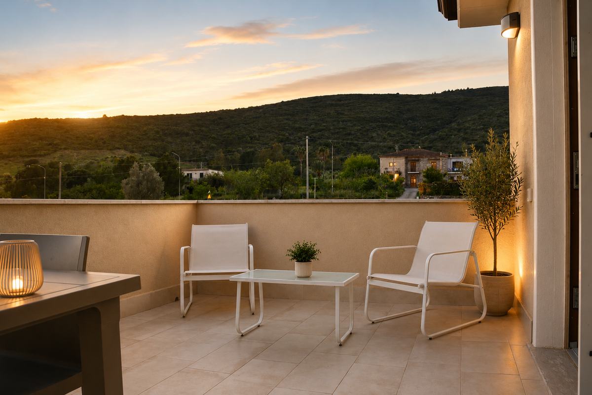 La terrazza dell’Appartamento Blu al tramonto